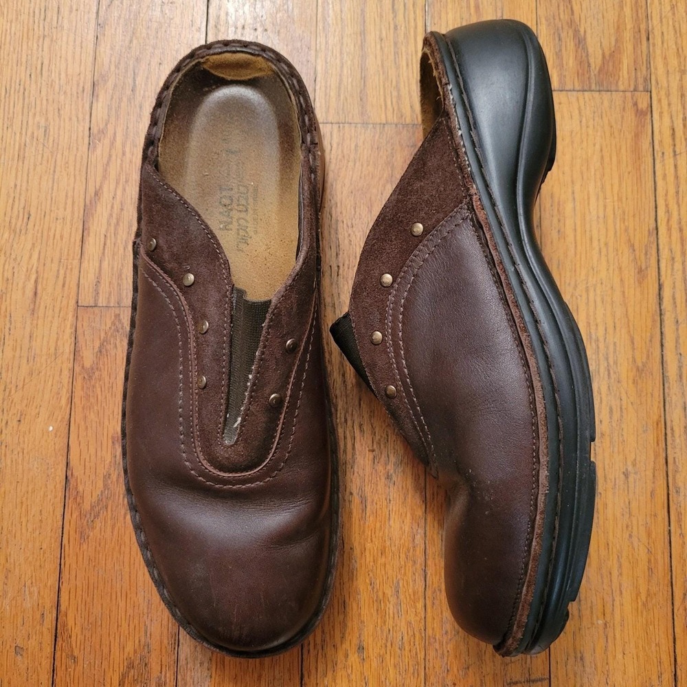 Naot 40 Brown Clogs Slip On Leather Slides Brad Accents 9 9.5 Granola Earthy